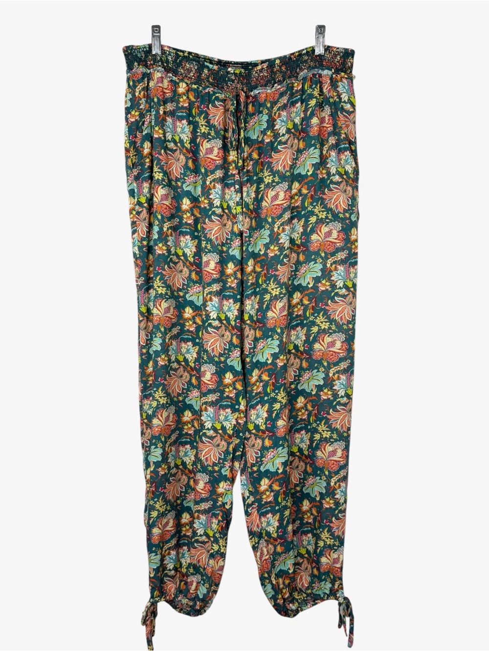 Sundance Teal Floral Cinched Ankle Harem Riya Pull On Pants L Boho Baggy Madora - Picture 2 of 8
